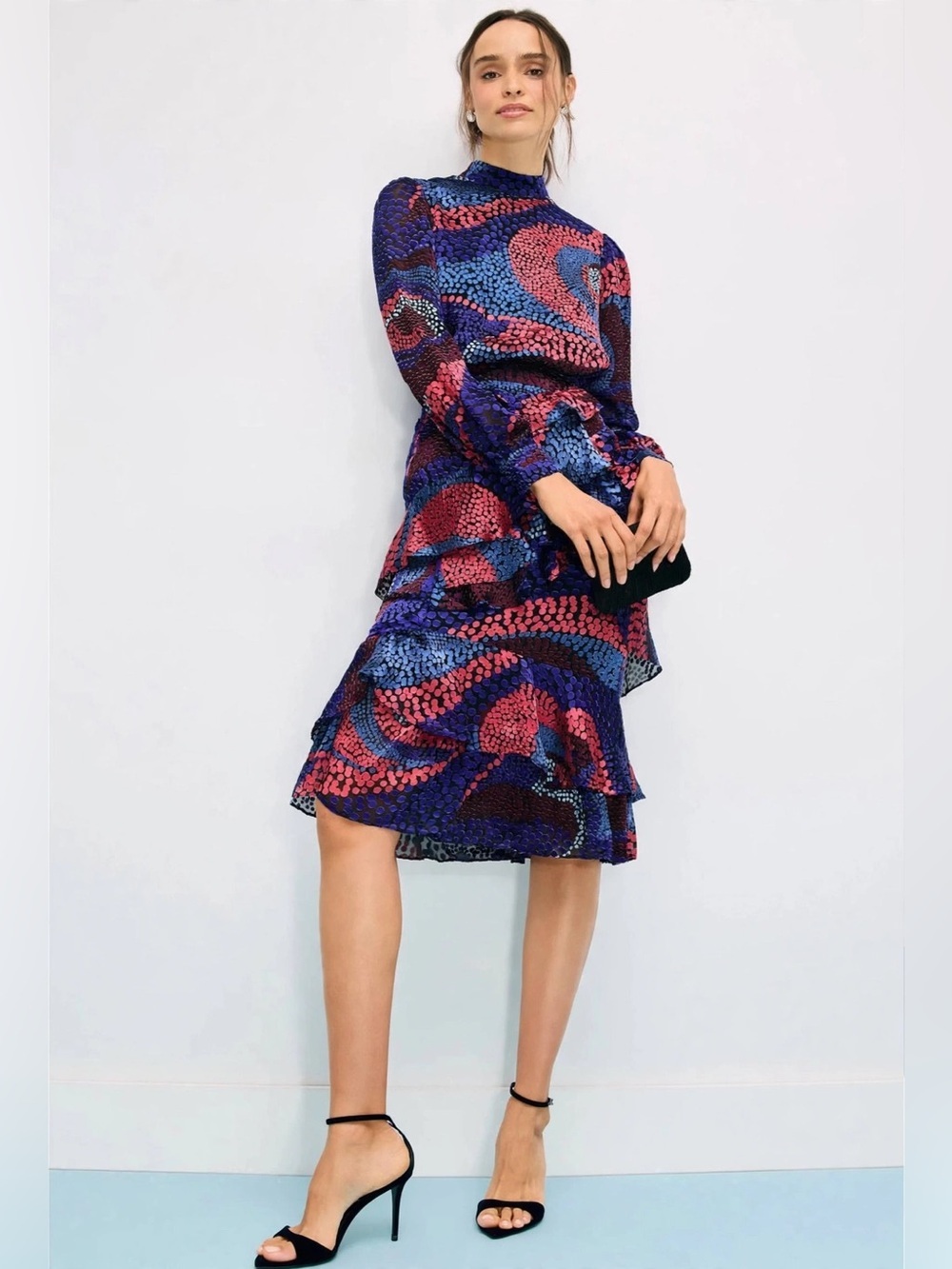 SALONI Blue Isa Ruffle Dress Women's High-Neck Abstract Print Midi Dress SZ US 4